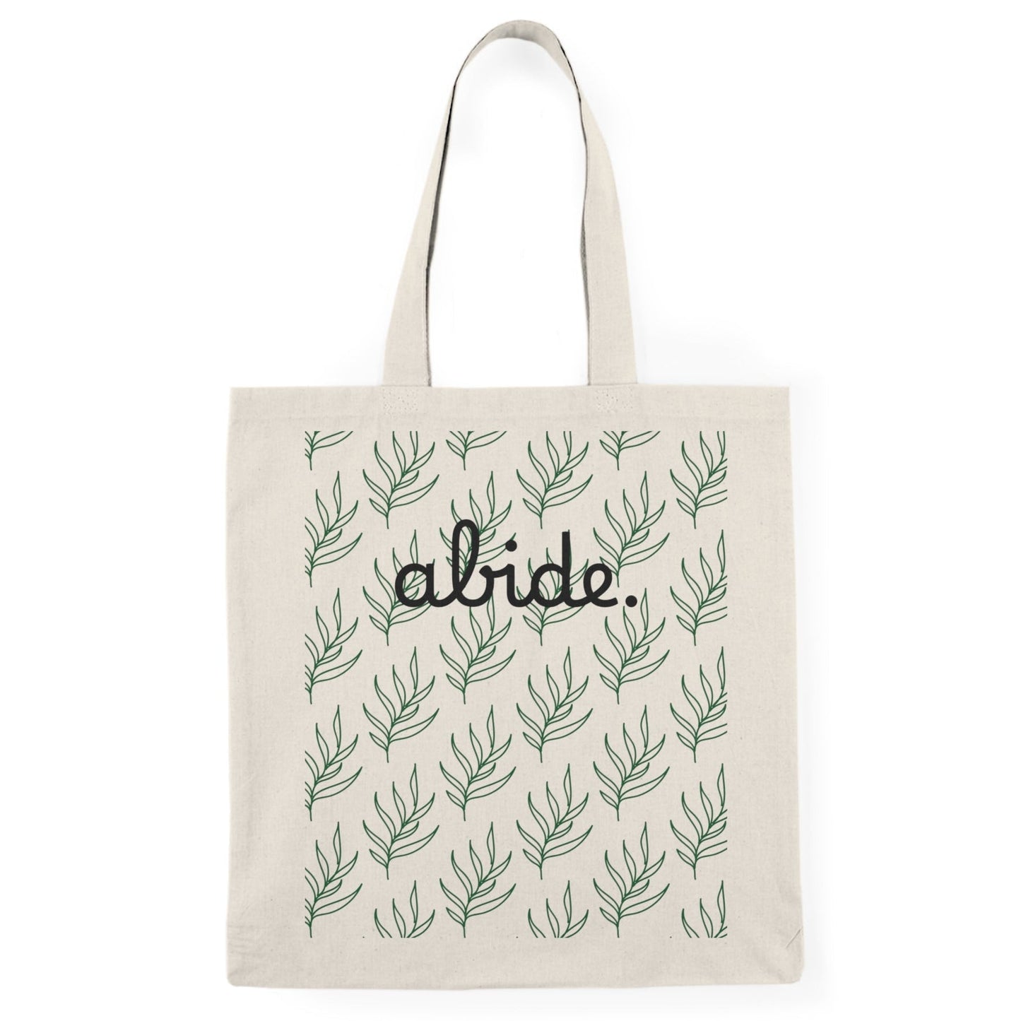 Tote bag with leaf pattern and 'alide' text on a white background