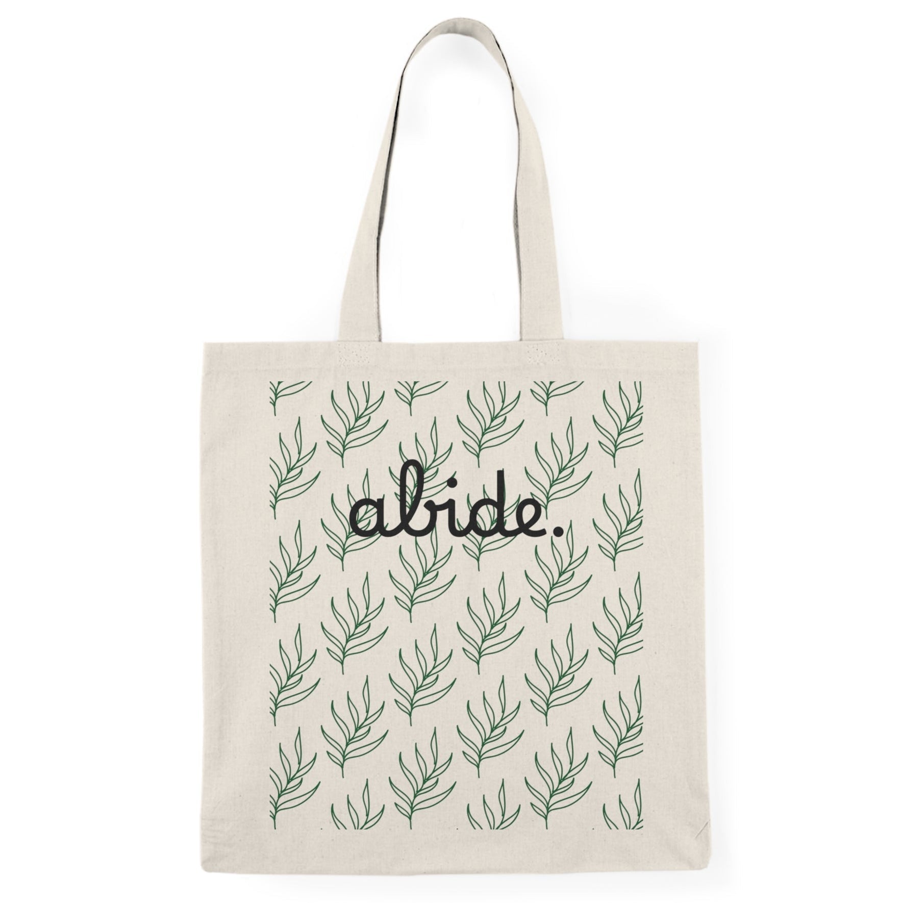 Tote bag with leaf pattern and 'alide' text on a white background