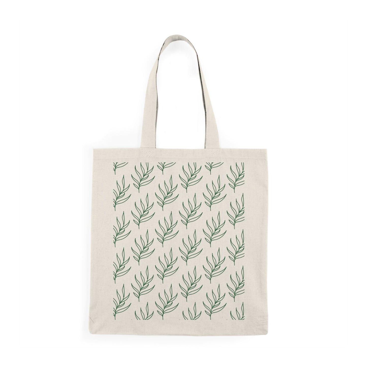 Beige tote bag with green leaf pattern on a white background