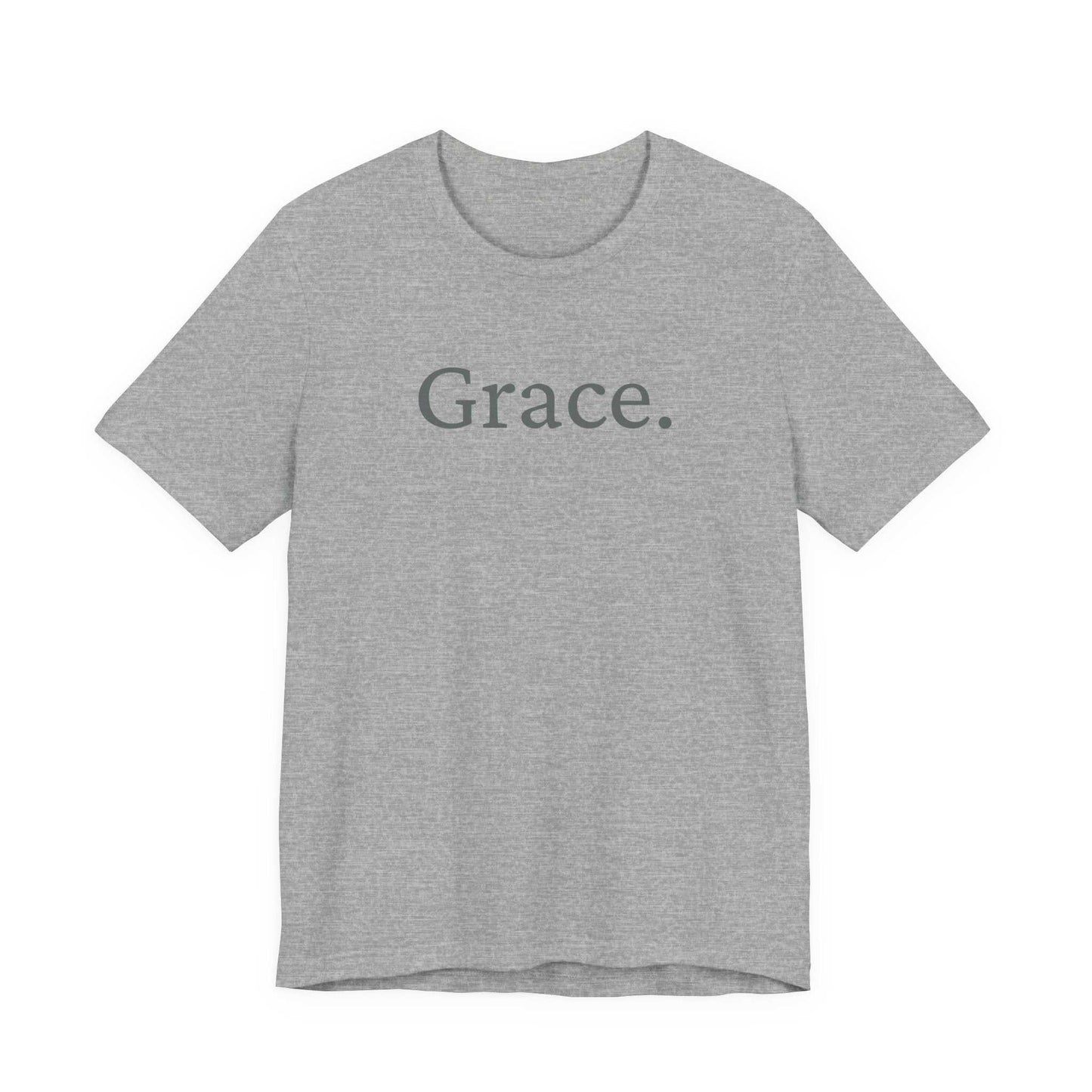 Gray t-shirt with 'Grace. Tee.' text on a white background