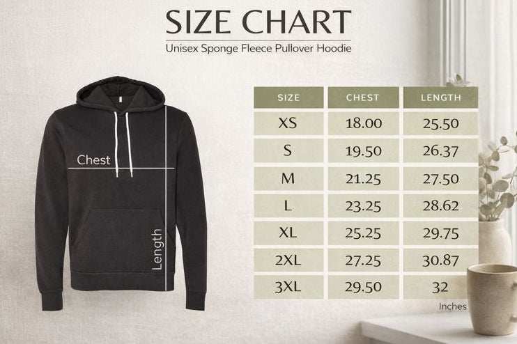 Size chart for a unisex sponge fleece pullover hoodie with a black hoodie on a light background.