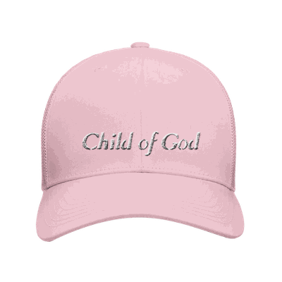 Pink cap with 'Child of God' text on a white background