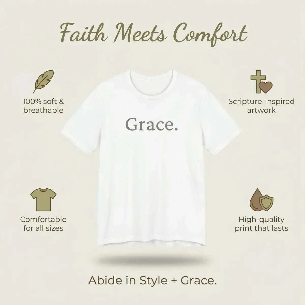 White t-shirt with 'Grace. Tee' text on a beige background with text about the shirt's features.