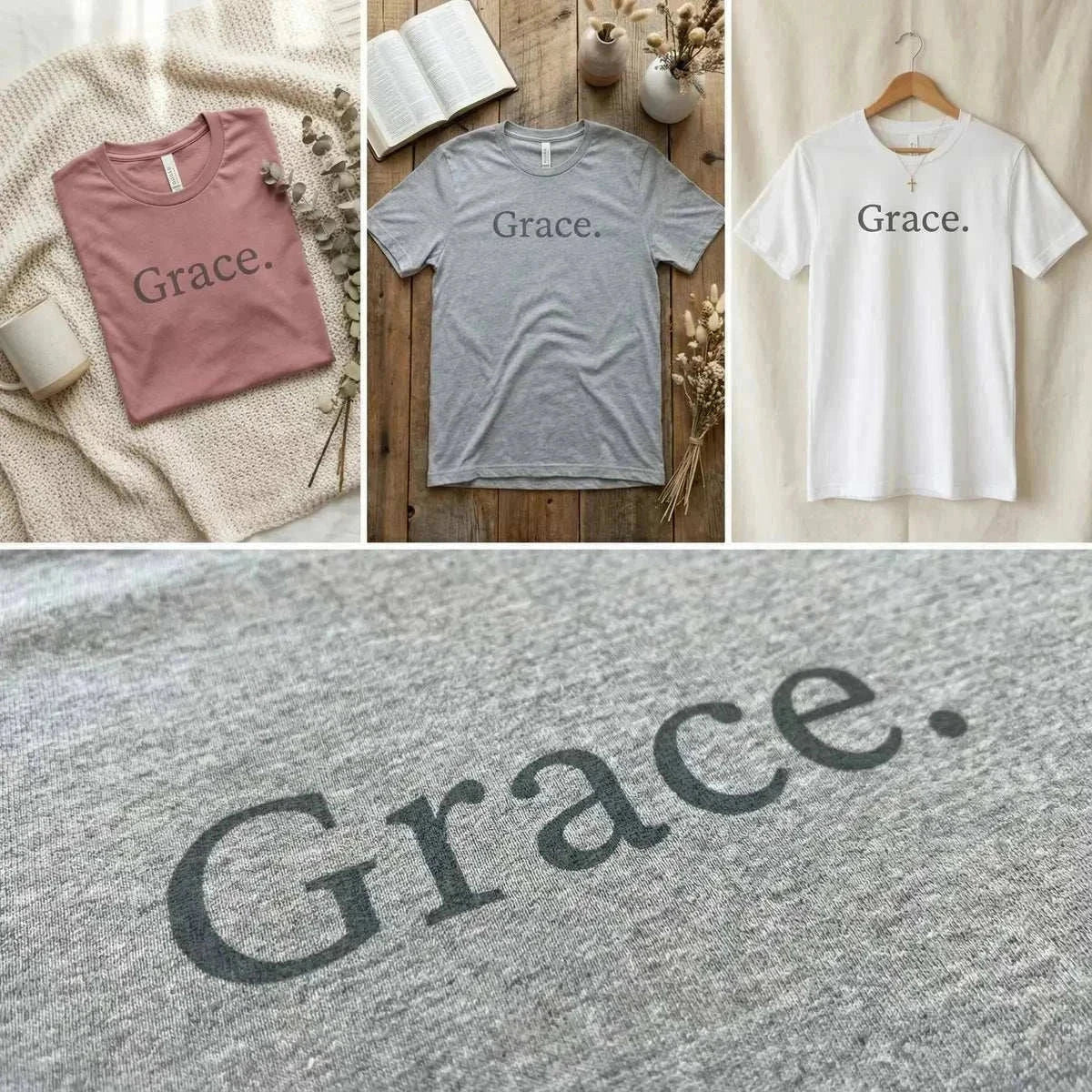 Collage of t-shirts with 'Grace Tee' text in various colors and settings.