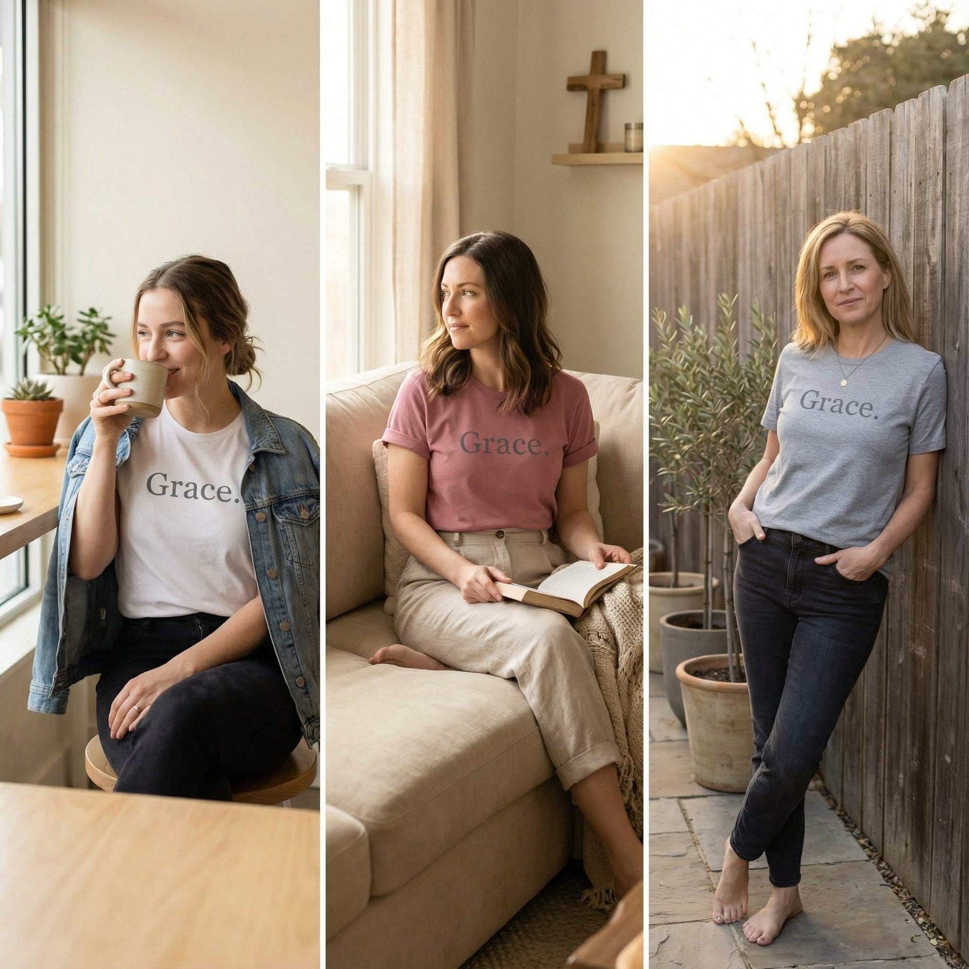 Three women wearing 'Grace Tee' t-shirts in different settings. One drinking coffee and sitting on a stool with white shirt. One sitting on couch and reading with mauve shirt. One outdoors by potted trees wearing heather gray shirt.