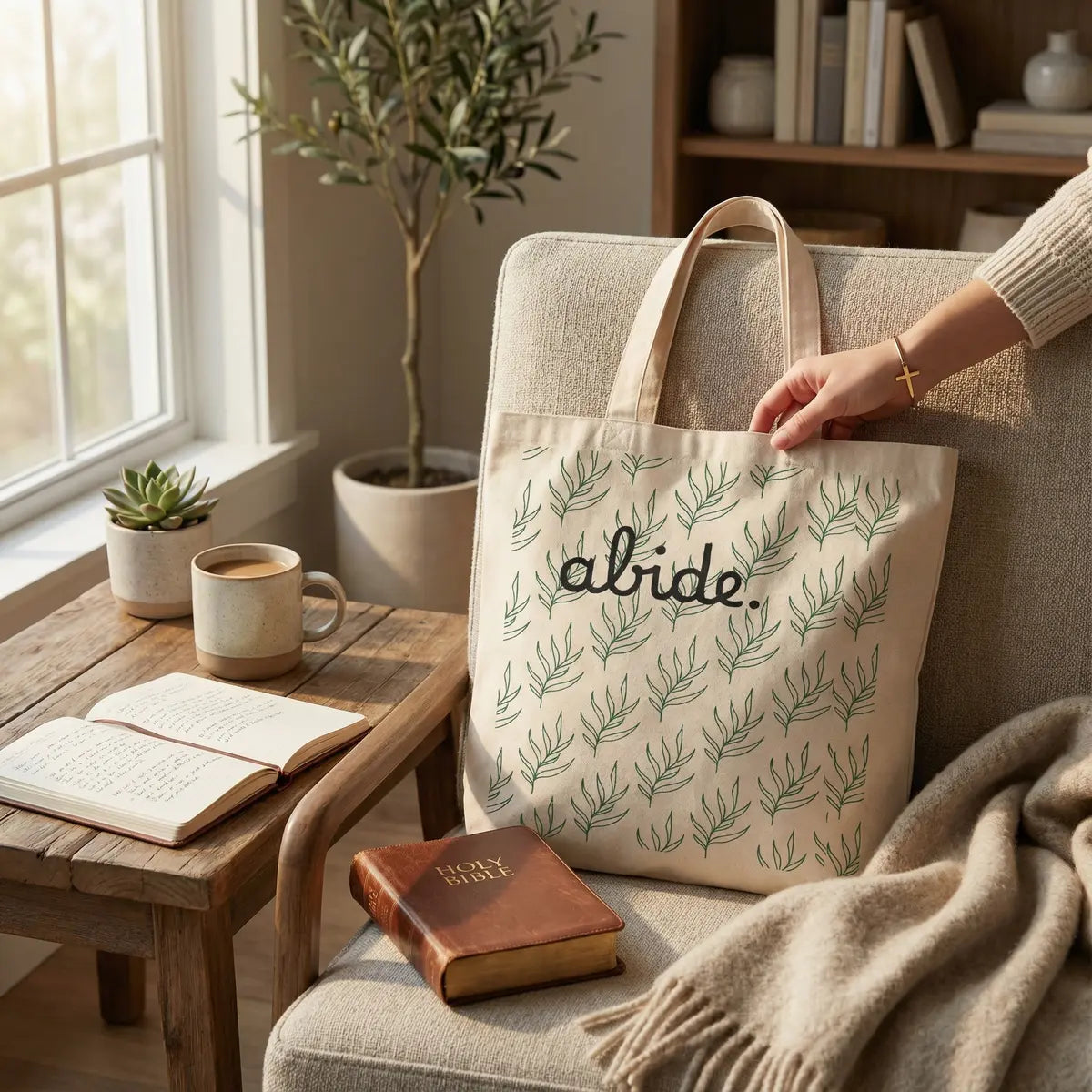 Abide Green Leaf Canvas Tote Bag Tote bag with 'alide' design on a couch next to a coffee cup and book