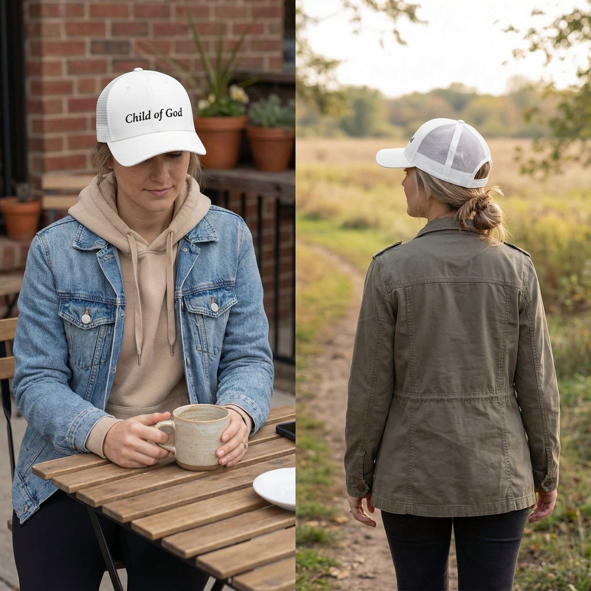 Two images of a person wearing a 'Child of God' cap; one indoors at a table, the other outdoors in a field.