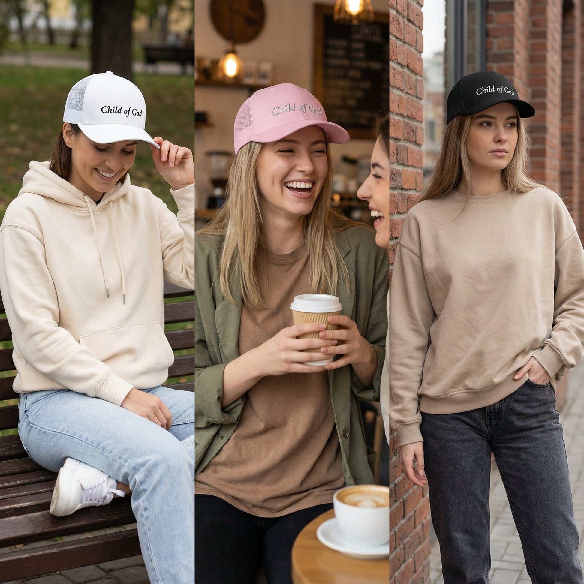 Three women wearing 'Child of God Trucker Hat' hats in various settings.