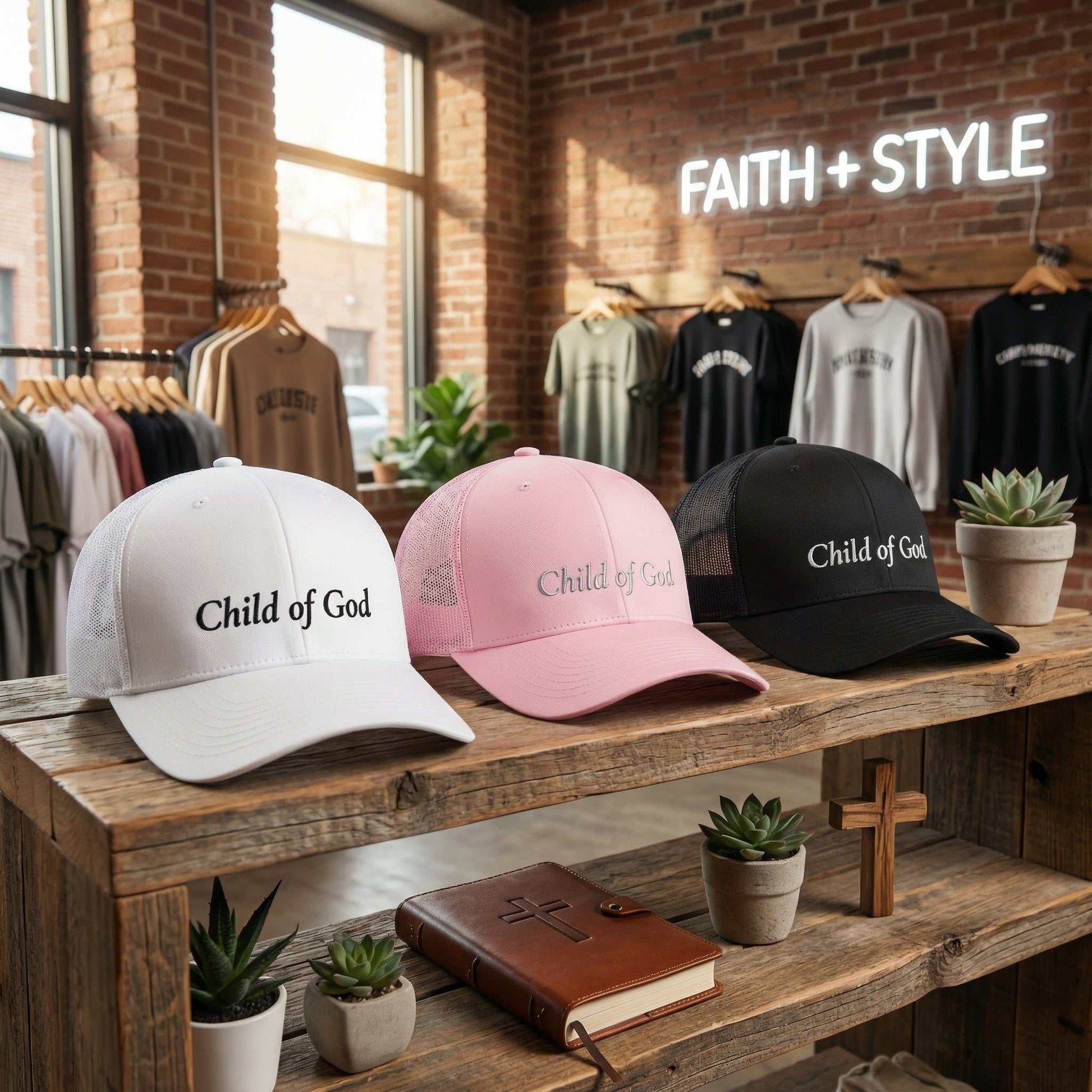 Three 'Child of God Trucker Hat' hats in white, pink, and black on a wooden shelf with a 'Faith + Style' sign in the background.