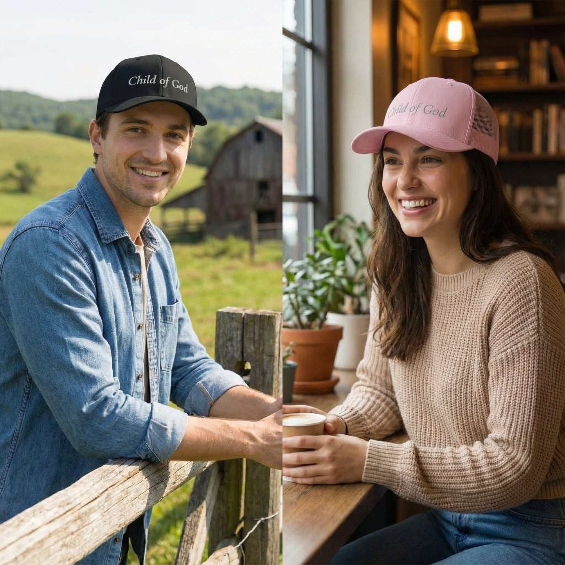 Man and woman wearing 'Child of God Trucker Hat' hats in outdoor and indoor settings.