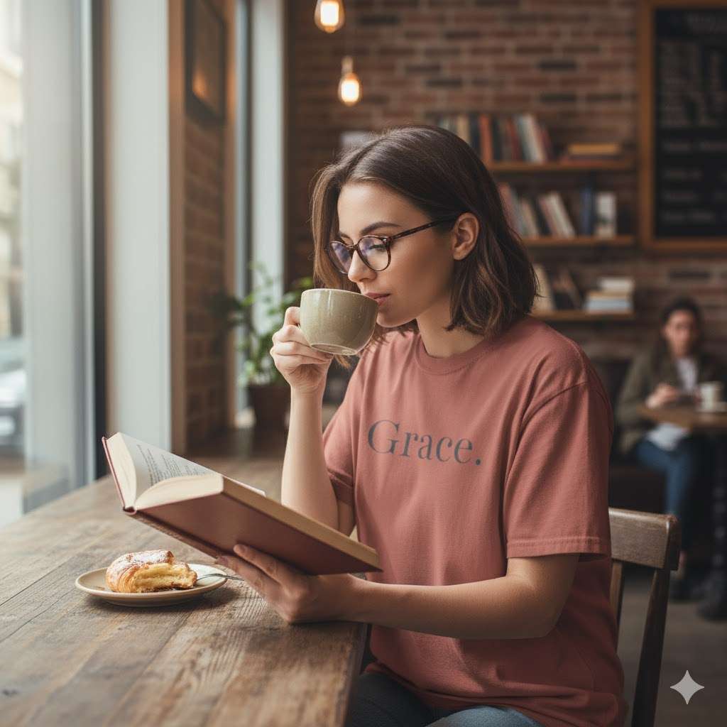 Woman in a pink 'Grace. Tee' shirt drinking from a mug and reading a book in a cozy cafe.