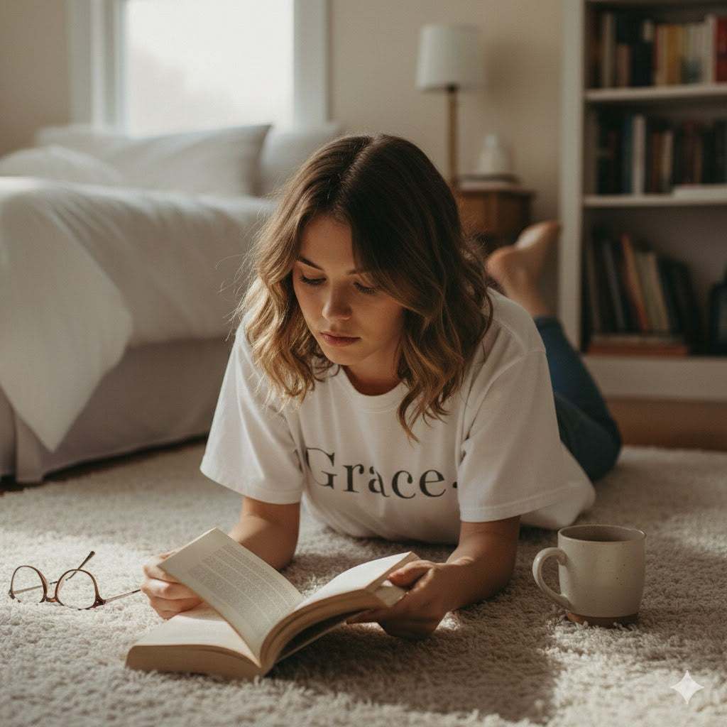 Grace. Tee, Woman reading a book on the floor with a mug and glasses nearby