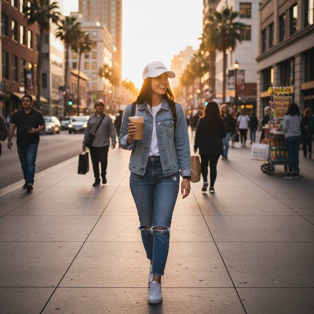 Woman walking down street holding an iced coffee and wearing a Child of God Trucker Hat, Christian Embroidered Cap