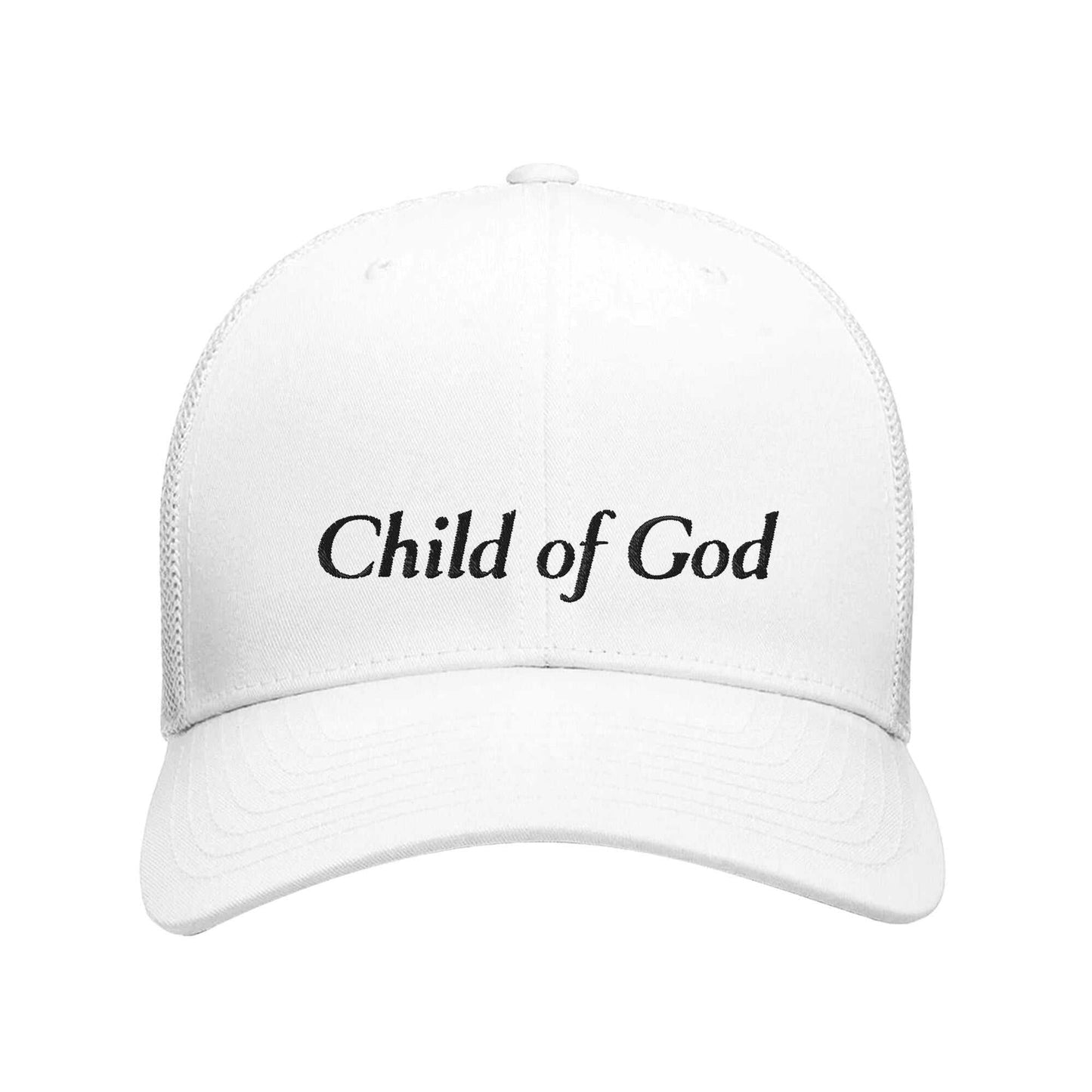 White trucker hat with "Child of God" on the front in black embroidery