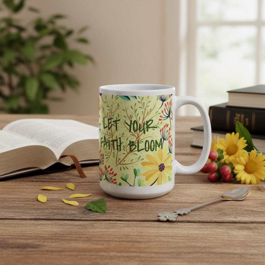 Floral Coffee Mug – Inspirational Christian Gift, "Let Your Faith Bloom"