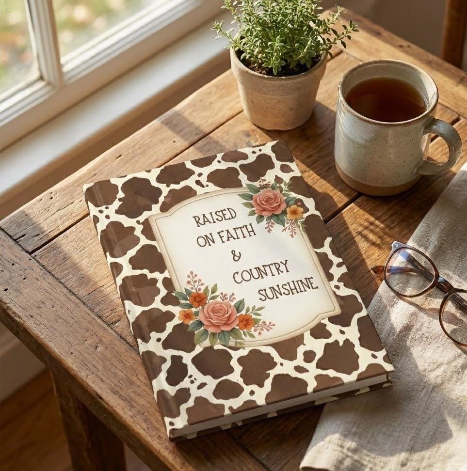 The journal sitting on a wooden table next to a cup of coffee and a green plant, emphasizing the cozy western aesthetic.