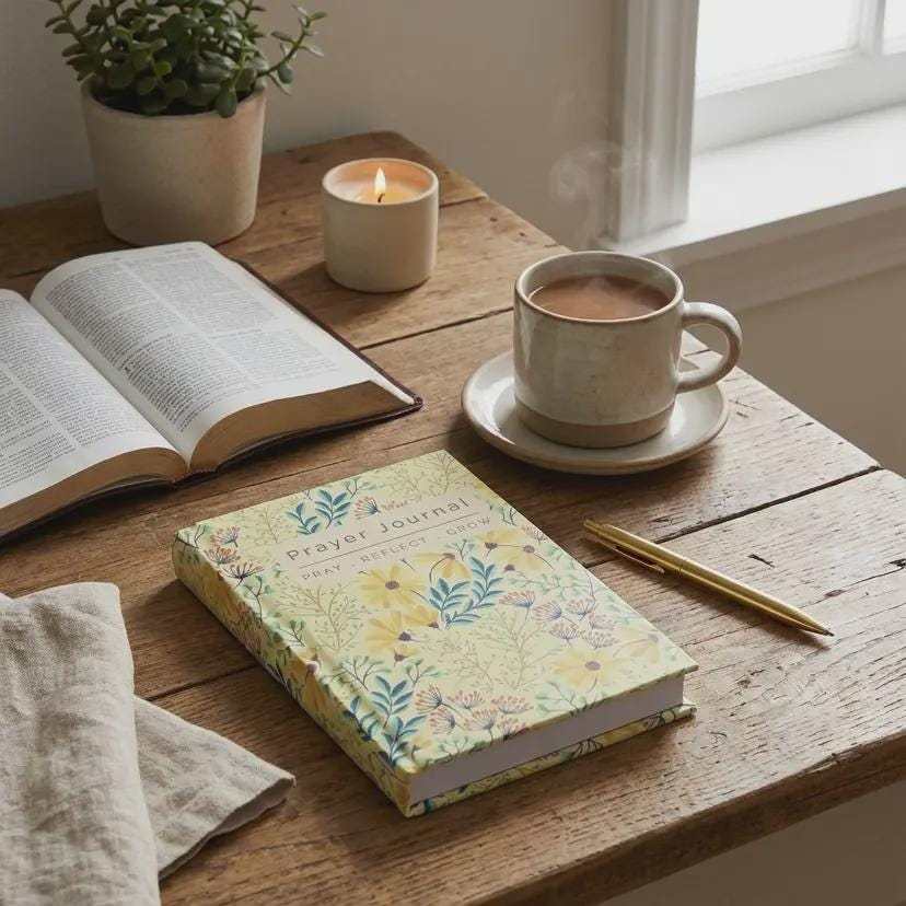 Aesthetic desk setting with a floral prayer journal next to a pen and coffee cup, creating a cozy space for daily devotionals and scripture writing.