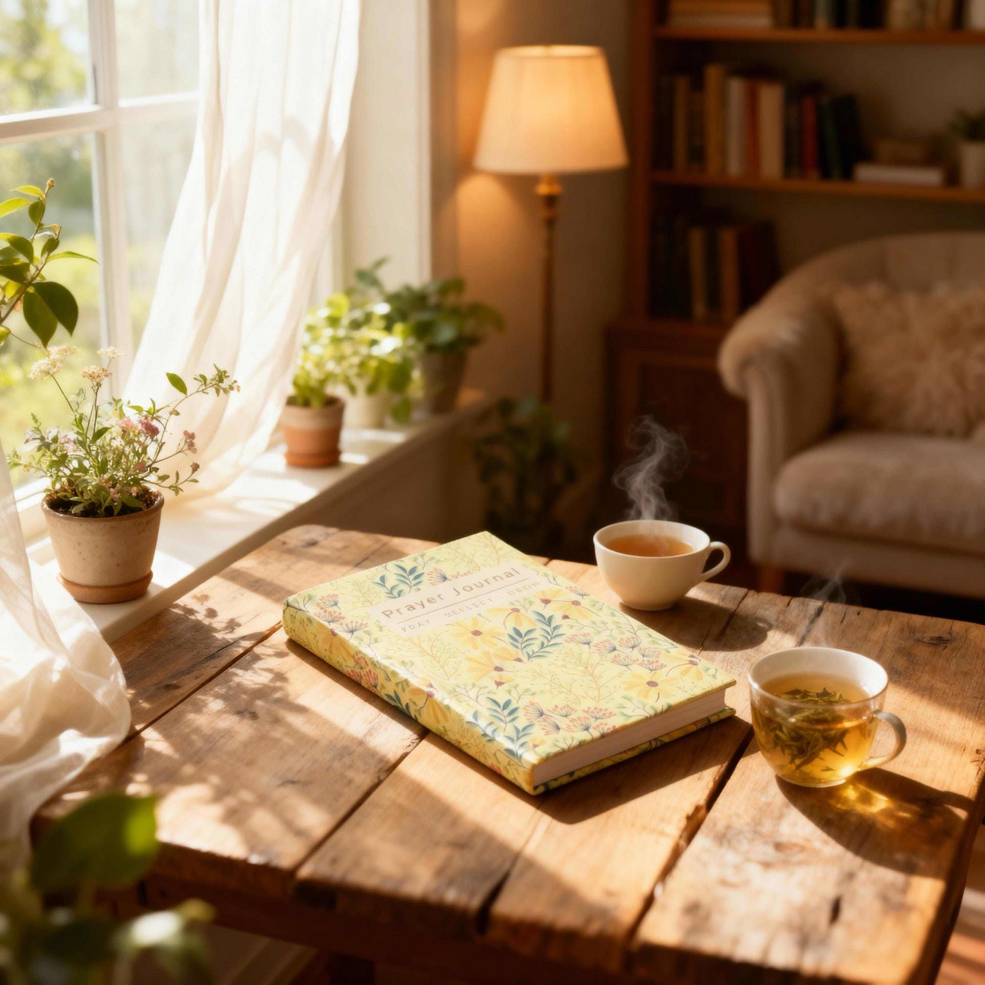 Floral Prayer Journal Hardcover | Pray Reflect Grow Christian Diary | Yellow Botanical Devotional Notebook | 150 Page Faith Gift for Her