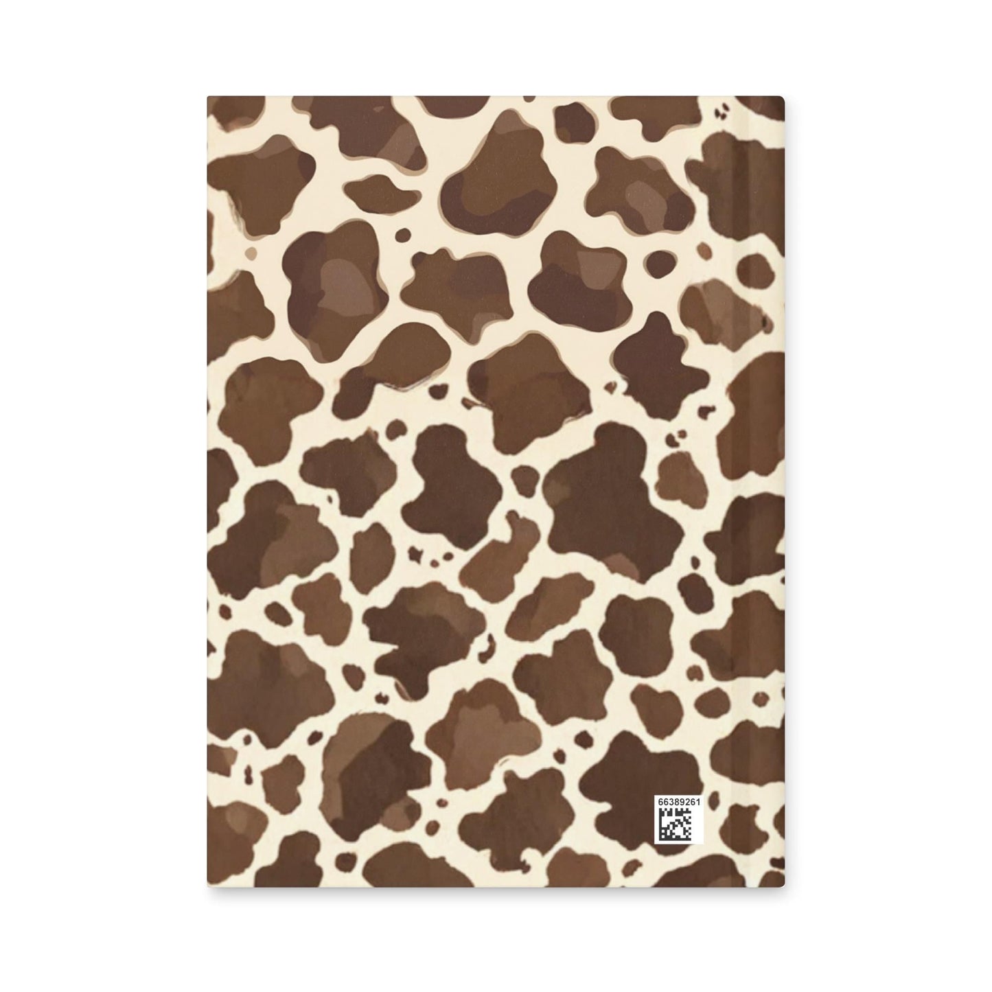 Back cover of brown cow print hardcover journal.