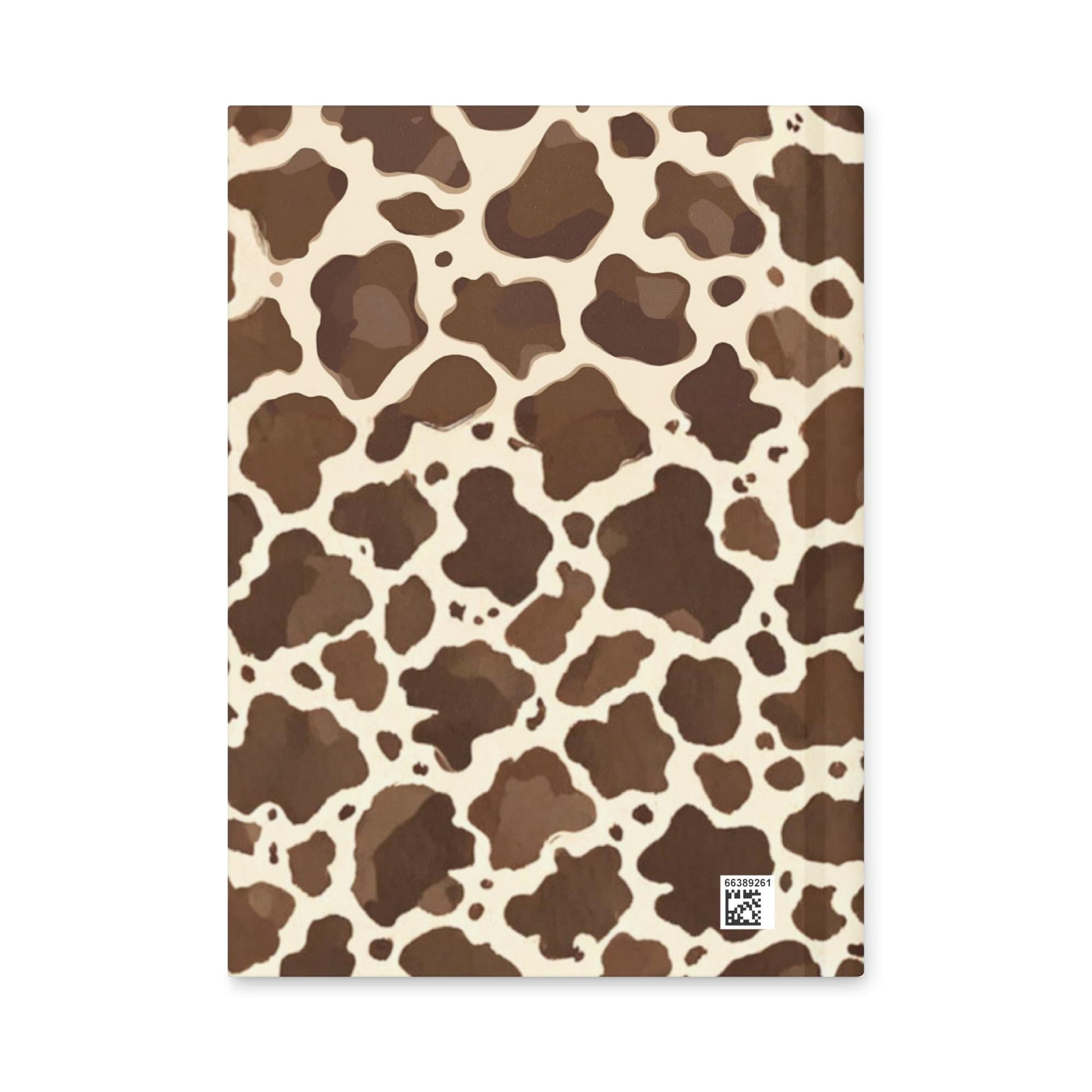Back cover of brown cow print hardcover journal.