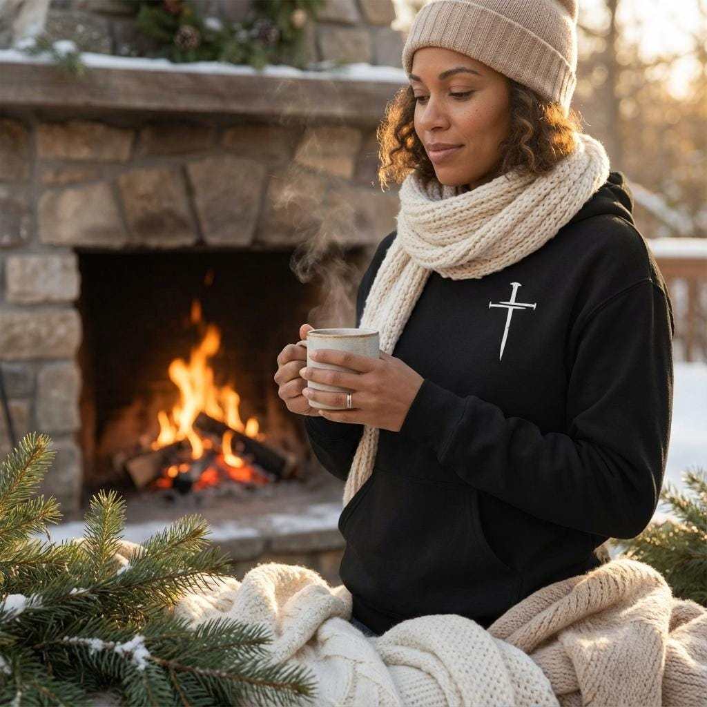 A woman in a beige beanie and knit scarf holds a steaming mug, smiling softly. She is wearing a black hooded sweatshirt with a white cross and nail graphic on the left chest. She is standing in front of a stone fireplace with a fire burning, surrounded by snowy pine branches