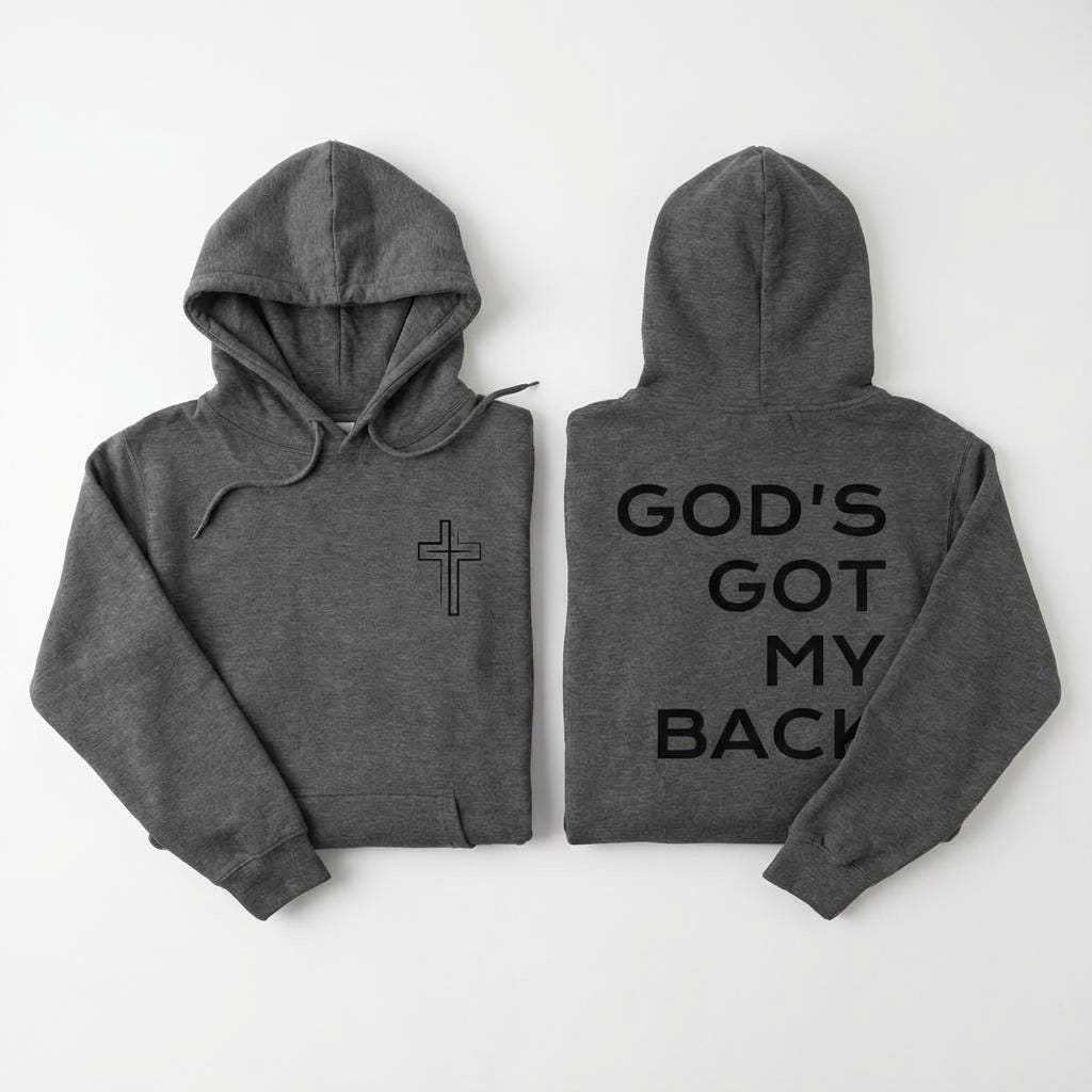 Dark heather gray hoodie featuring a simple cross design on the front and GODS GOT MY BACK text on the back.