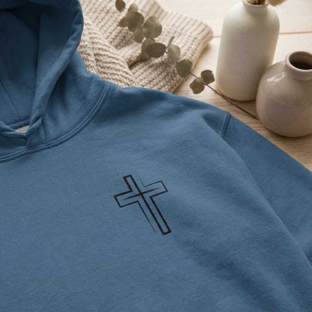 A close-up photograph of the upper left portion of a dark blue fleece hooded sweatshirt. A small, simple black outline graphic of a cross is printed on the left side of the chest. The hood and its drawstring are visible in the upper left corner of the frame.