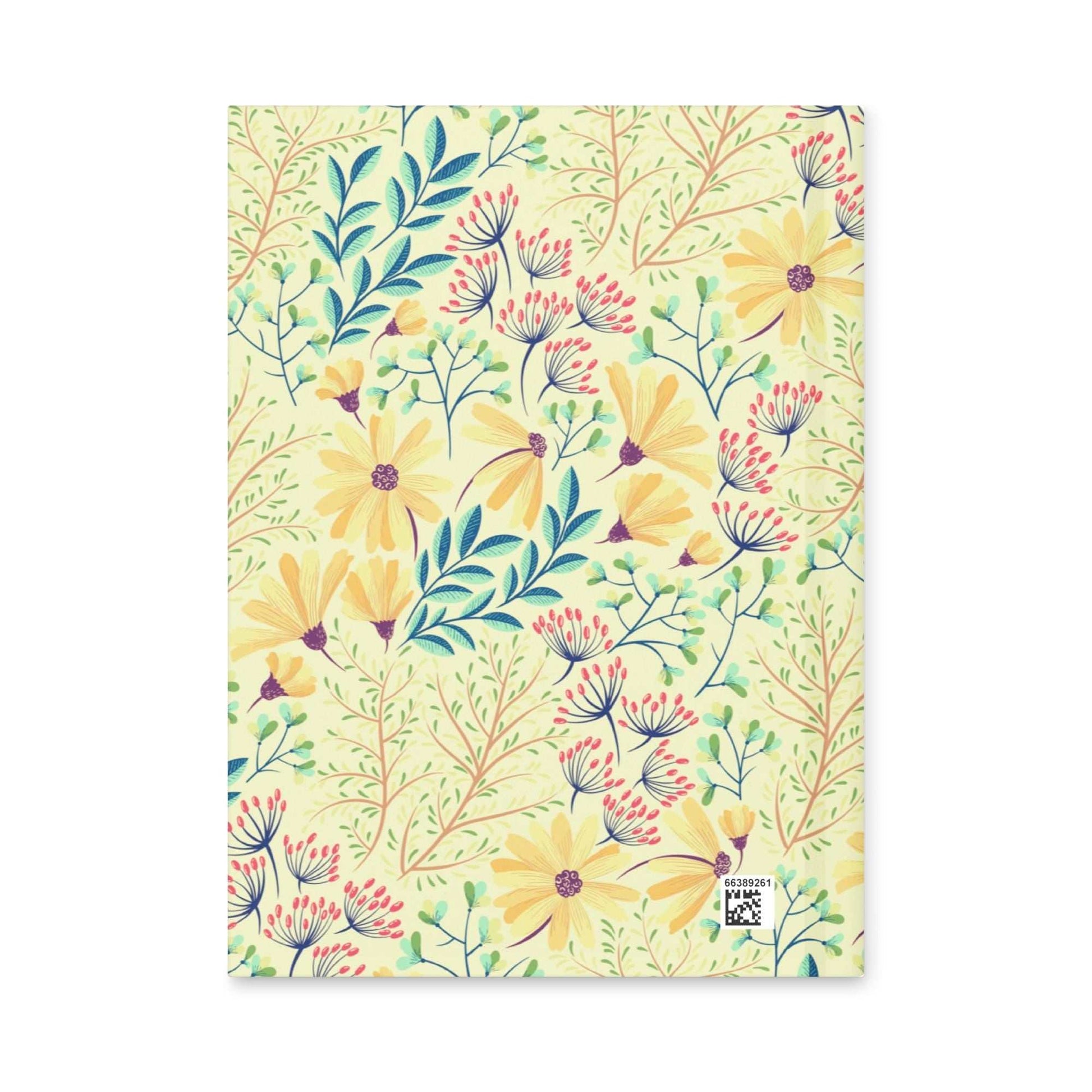 Back cover of floral hardcover journal featuring a vibrant pattern of yellow daisies, blue leaves, and red berries on a light yellow background.