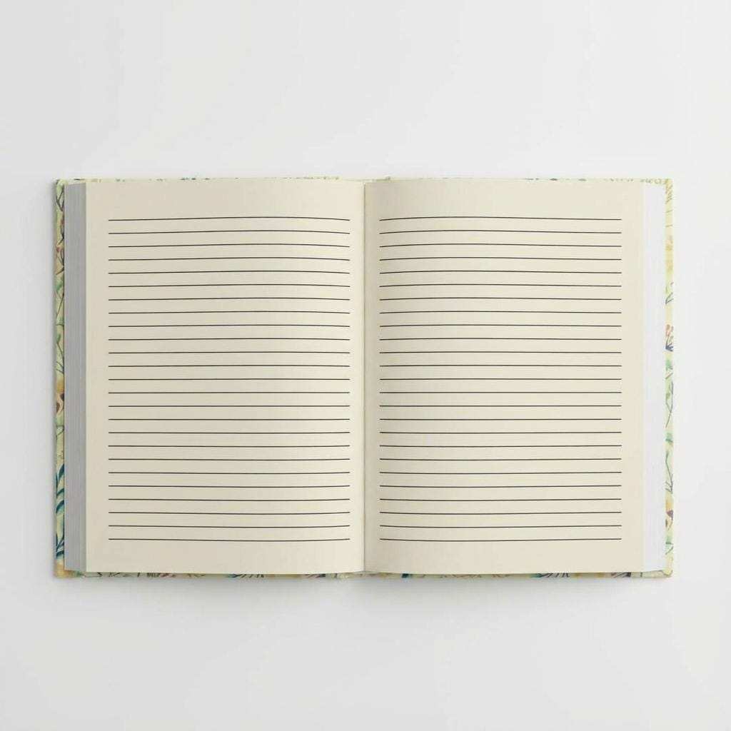 Open journal laying flat on a surface, displaying lined notebook pages with black lines on cream-colored paper, ready for writing.