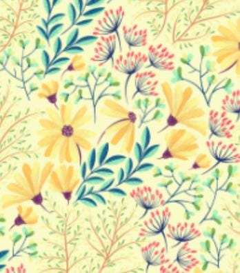 Close up detail of the matte cover finish, highlighting the crisp print quality of the botanical flower illustration in yellow and teal.