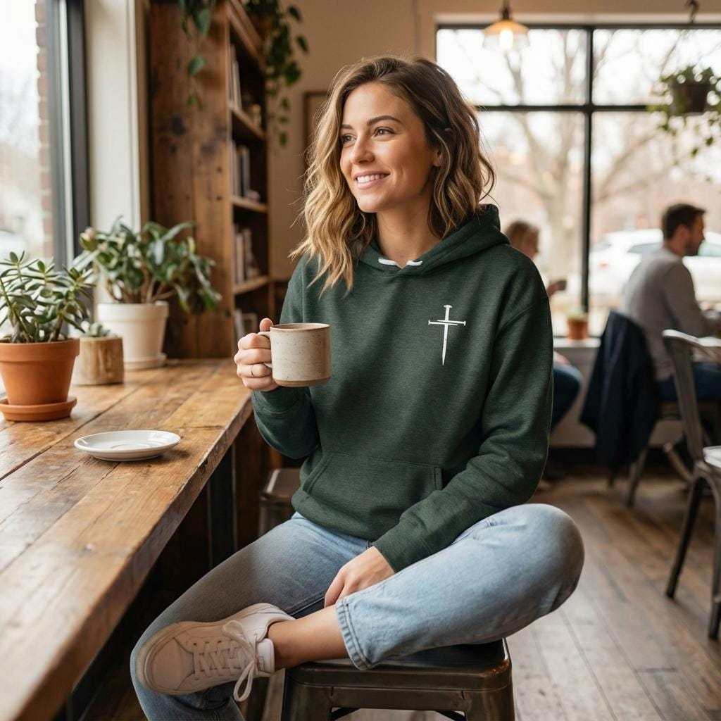 Woman sitting on a stool at a wooden café counter, wearing a forest green hoodie with a small white cross on the chest. She holds a ceramic mug and smiles while looking out a window, with plants and a cozy coffee shop interior in the background