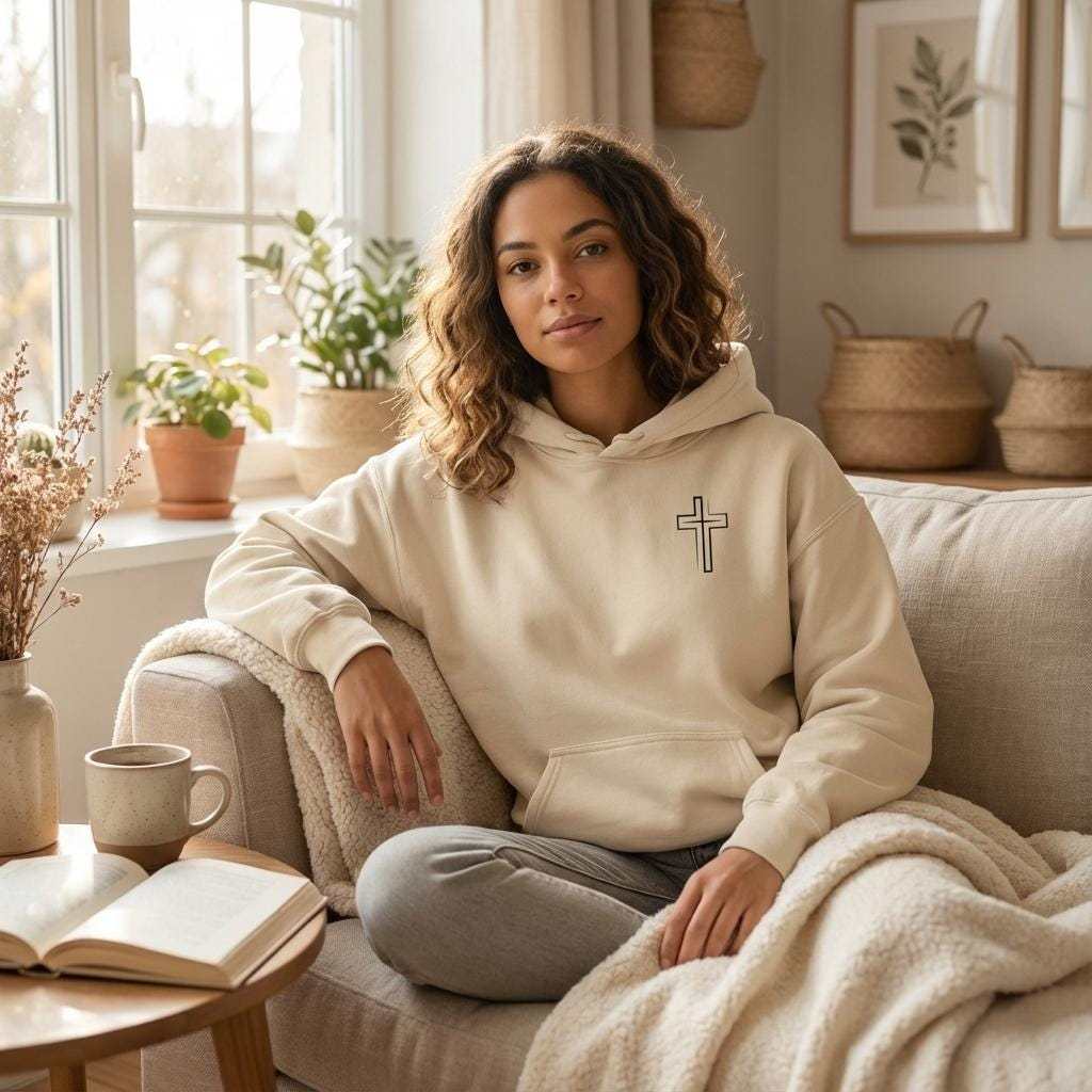 A woman with curly brown hair is sitting on a beige couch, wearing a sand-colored hooded sweatshirt with a simple black outline cross graphic on the left chest. She is in a brightly lit, cozy living room with plants, a wooden coffee table with a book and a mug, and framed botanical prints on the wall.