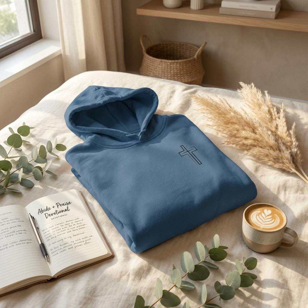 A flat lay photograph showing a folded dark blue hooded sweatshirt with a small black outline cross graphic on the left chest, placed on a rumpled linen bedspread. Next to the hoodie is an open journal with a pen, a sprig of eucalyptus, a cup of coffee with latte art, and a bundle of dried pampas grass. In the background, there is a wooden shelf with books and a woven basket.