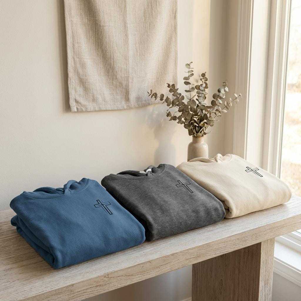 Three folded hooded sweatshirts are arranged side-by-side on a light wooden bench. From left to right, they are blue, dark gray, and beige. Each hoodie features a small, simple black outline cross graphic on the left chest. In the background, there is a window, a hanging textile, and a vase with dried eucalyptus branches.