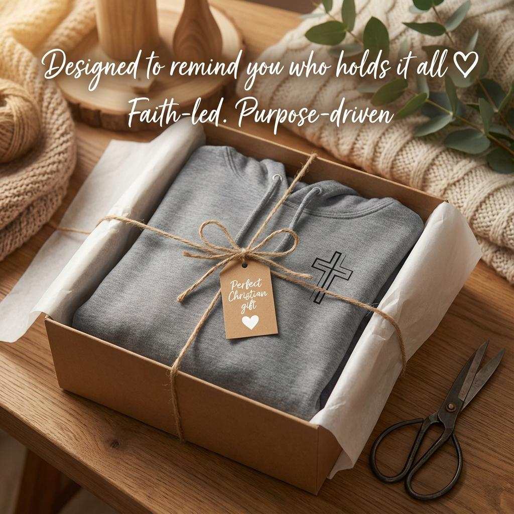 A gray hooded sweatshirt is neatly folded and tied with twine inside an open cardboard gift box on a wooden table, with a tag that reads "Perfect Christian gift". The image also features the text "Designed to remind you who holds it all" and "Faith-led. Purpose-driven".